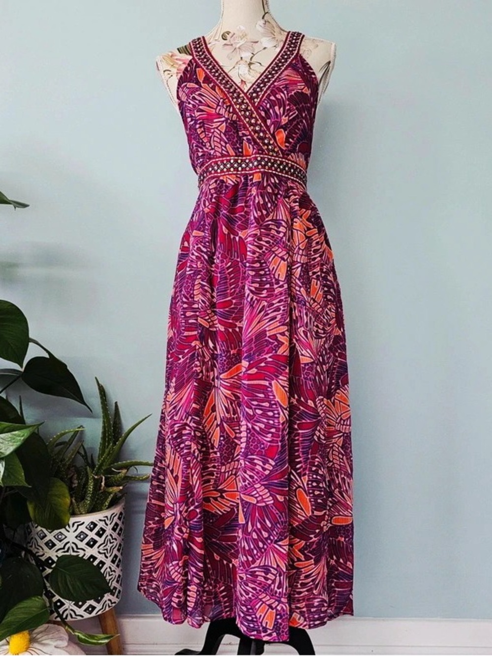 Sleeveless Floral Wrap Maxi Dress in Purple and Pink